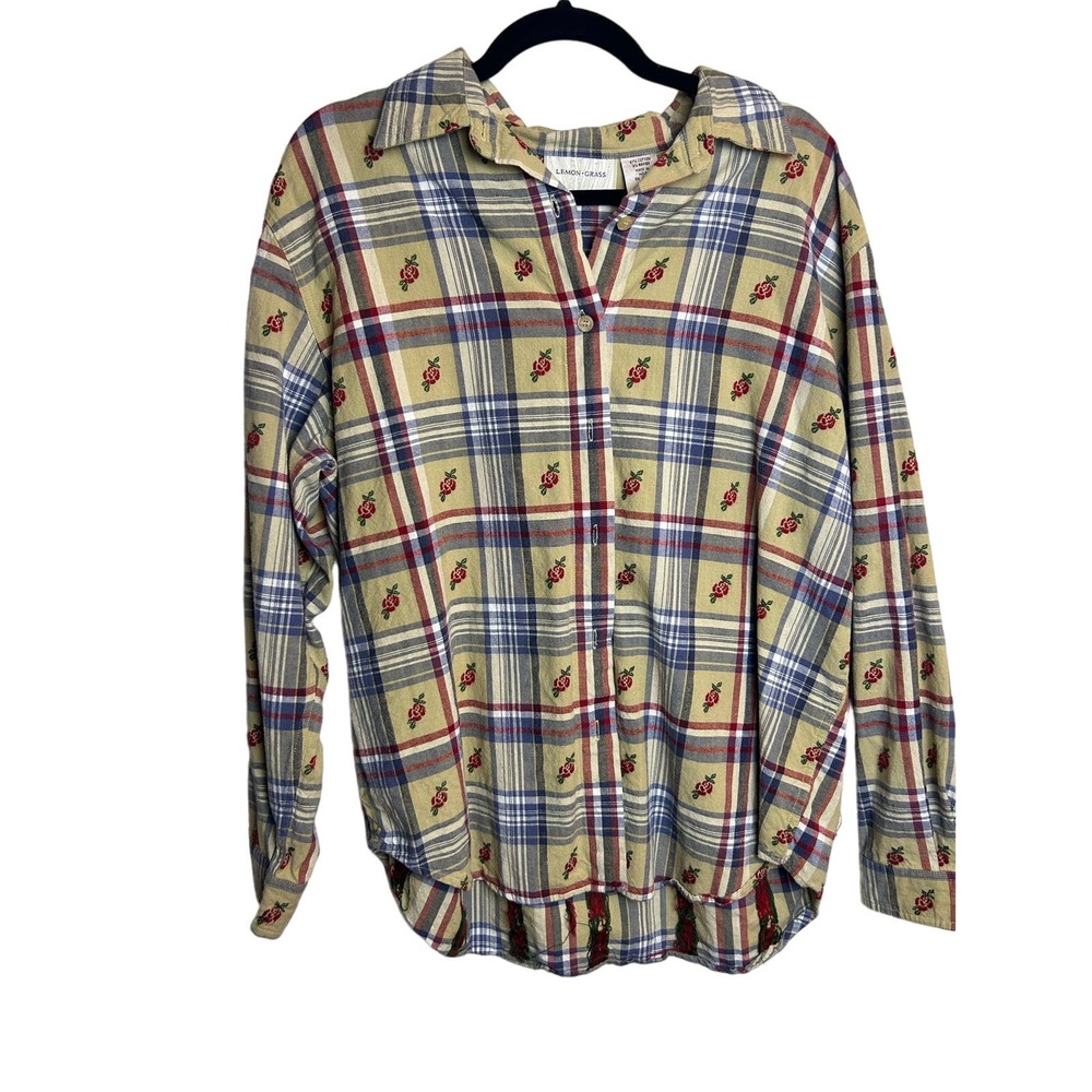 Vintage Lemon Grass Cottage Button Up Checkered Plaid Rose Print Size Large